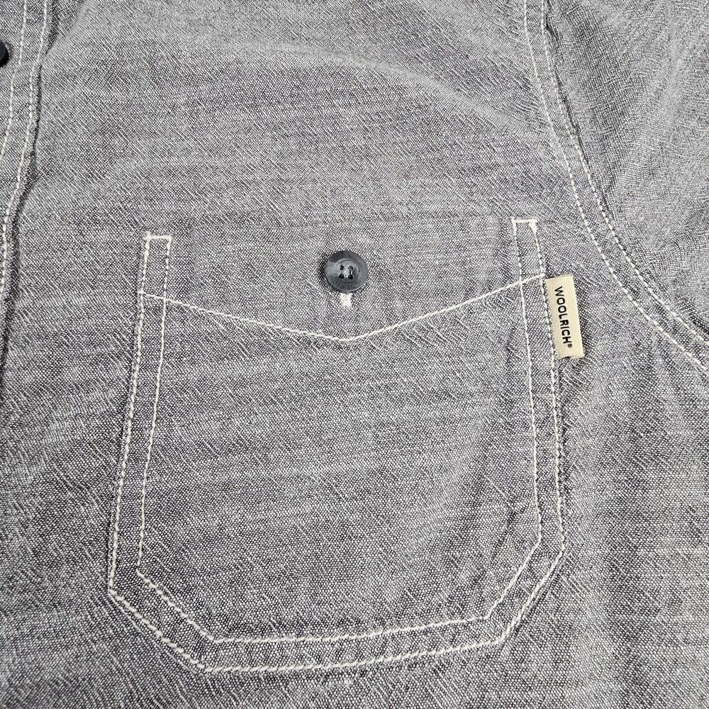 Woolrich Mens M Gray Chambray Work Shirt Short Sleeve Dual Pocket 100% Cotton - Picture 7 of 9